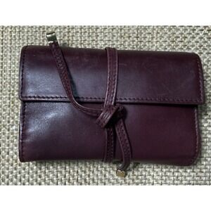 Mark Cross Leather Tri Fold Travel Pouch Burgundy Tie Lux Jewelry Roll Organizer